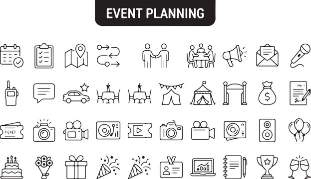 Black and white event planning icons grid including calendars, invitations, and decorations on a clean vector layout. Detailed design.