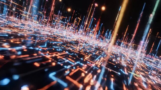 Abstract Digital Network Grid with Glowing Neon Lines and Particles.