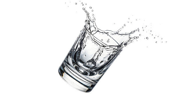 Water splashing out of clear glass in dynamic freeze-frame on white background.