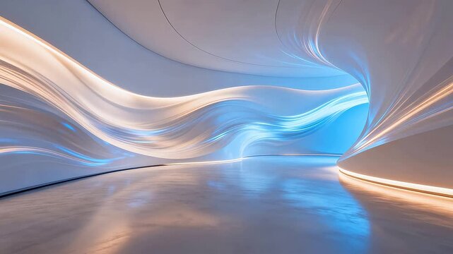 Futuristic interior hallway with curved white walls and blue lighting