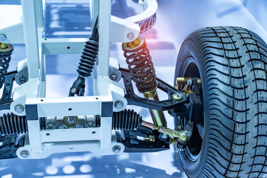 electric system of eco car front driving axle in the car, visible elements of the steering system