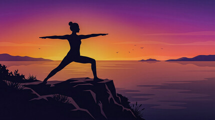 Fototapeta premium Woman yoga silhouette at sunset over sea, wellness minimal art