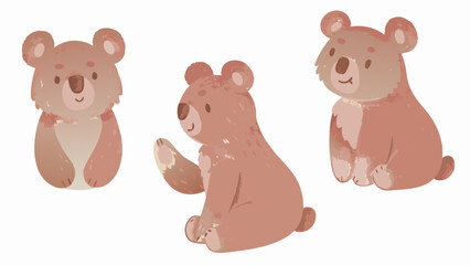 Naklejka premium Three cute brown bears sitting in watercolor painting style on white background smiling and waving