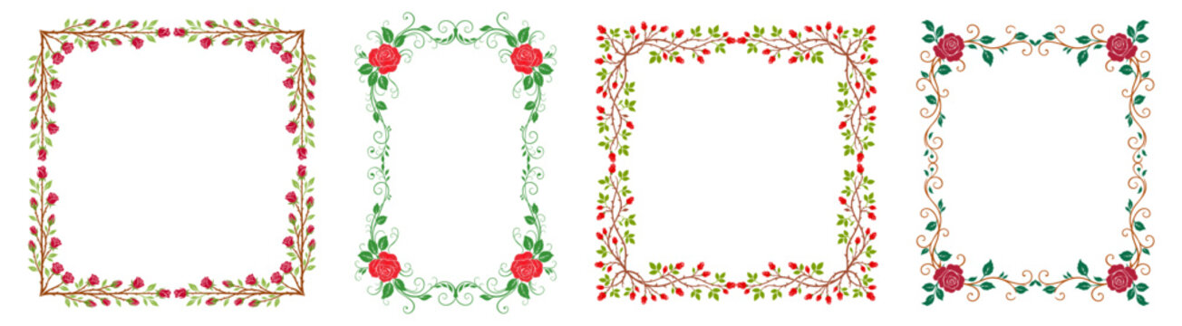 Classic frame with square, rectangular borders sharp thorny briar branches, whimsical green vine leaves, curly baroque swirls, symmetrical floral frameworks,  thorny rose branches, red blossoms. 