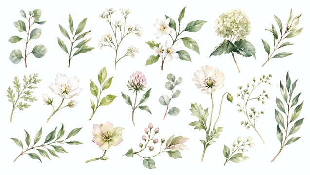 Watercolor botanical clipart set with green leaves, branches, and spring flowers. Illustration isolated on white background for wedding stationery and patterns