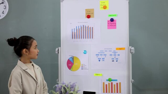 Young Asian Girl in Blazer Giving Business Presentation with Whiteboard Charts