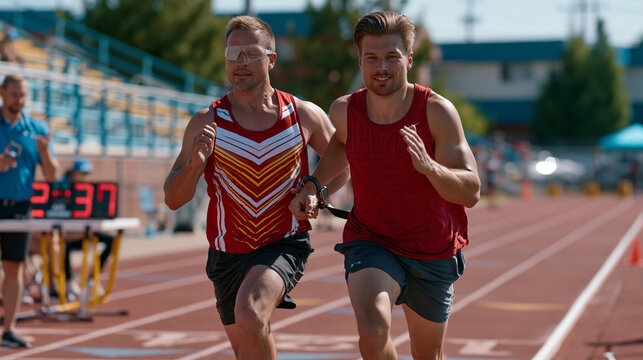 Blind runner and sighted guide athlete training on track together during inclusive athletics program, tethered at wrist, stride perfectly synchronized, coach with stopwatch timing them from infield,