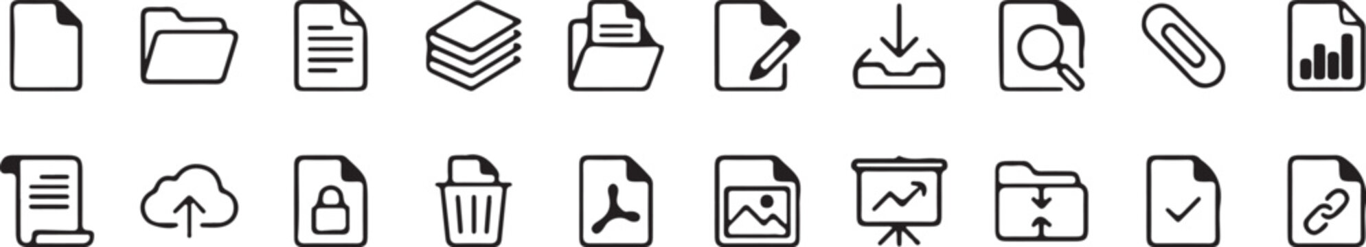Collection of minimalist icons featuring folder, cloud, and document symbols for digital storage and organization.