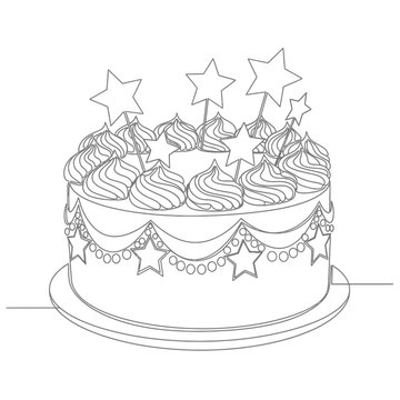 Elegant star cake line art illustration, minimalist design, celebration.