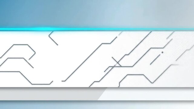 Modern technology-themed motion graphics banner featuring clean geometric circuit line patterns and glowing cyan accents on a sleek white and gray futuristic background.