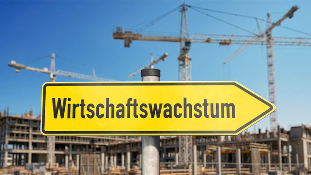 Wegweiser Wirtschaftswachstum mit Baustelle im Hintergrund