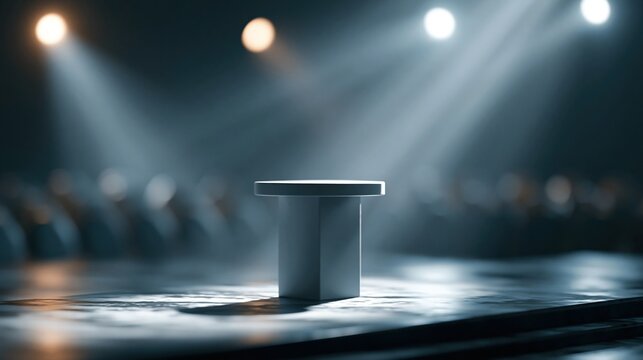 Un microphone solitaire sur sc&egrave;ne baign&eacute; par les projecteurs lumineux