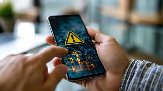 Smartphone affichant un symbole d'alerte jaune sur &eacute;cran fissur&eacute;