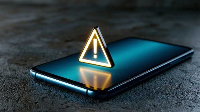 Smartphone avec symbole d'alerte lumineux pos&eacute; sur surface granuleuse