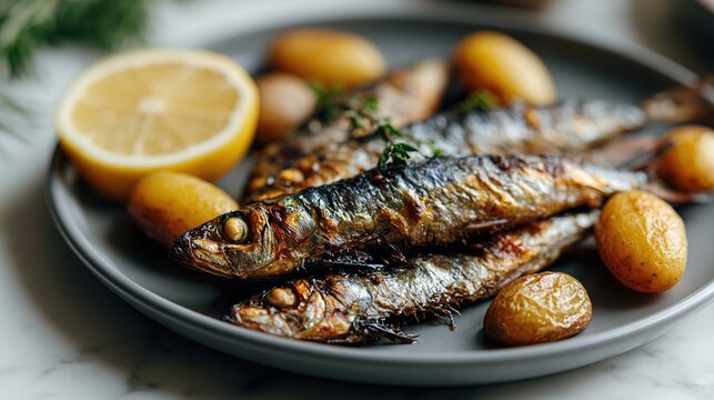 Sardines grill&eacute;es accompagn&eacute;es de pommes de terre et citron sur assiette