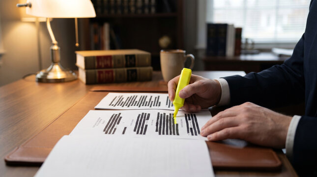 Lawyer Highlighting Redacted Court Documents - Legal Discovery Process and Attorney Reviewing Confidential Case Files
