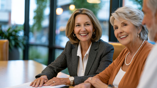 Nonprofit development director in tailored blazer seated across from longtime major donor couple at polished conference table, reviewing endowment fund documents together, afternoon light through ta