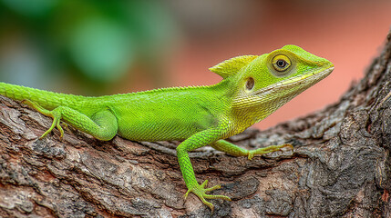 Fototapeta premium Vibrant Green Lizard Perched on Old Tree Bark in Natural Habitat Close-Up