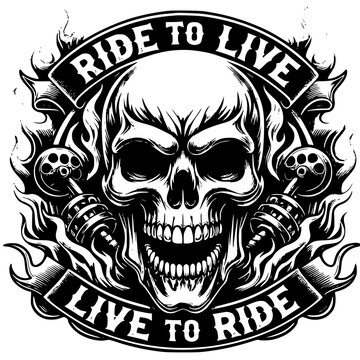 Biker skull ride to live to ride vector emblem with burning flames and motorcycle handlebars biker culture motorcycle illustration monochrome motorist