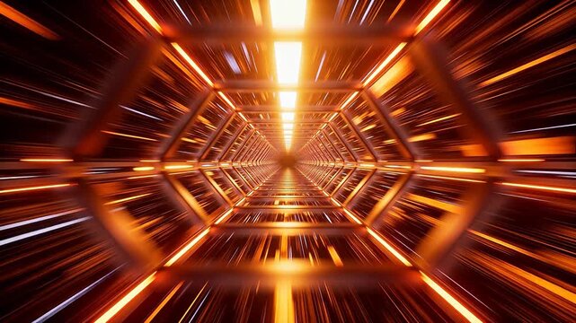 Abstract sci-fi hexagonal tunnel with orange glowing light trails