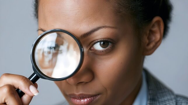 Femme tenant une loupe devant son visage pour examiner de pr&egrave;s