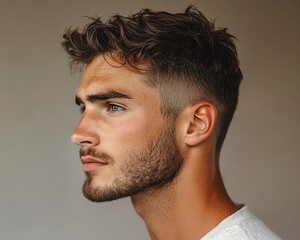 Naklejka premium Profile view of a young man with stylish hair, showcasing a thoughtful expression and modern lifestyle.