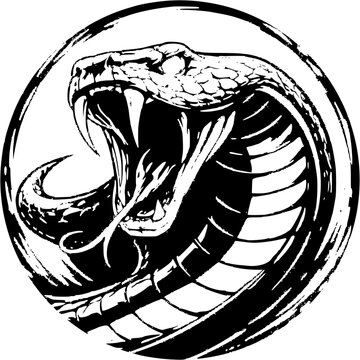 Fierce cobra snake head illustration with open mouth showing fangs in a circular frame predator venomous wildlife illustration monochrome isolated