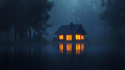 Fototapeta premium A serene house in a misty environment, illuminated windows reflecting in calm water at twilight.