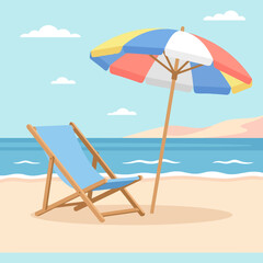 A colorful beach umbrella stands beside a blue wooden lounge chair © Nur