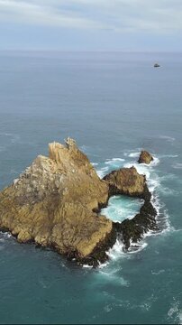 Top down aerial view of reefs and ocean coastline of Sandfly Bay beach New Zealand
