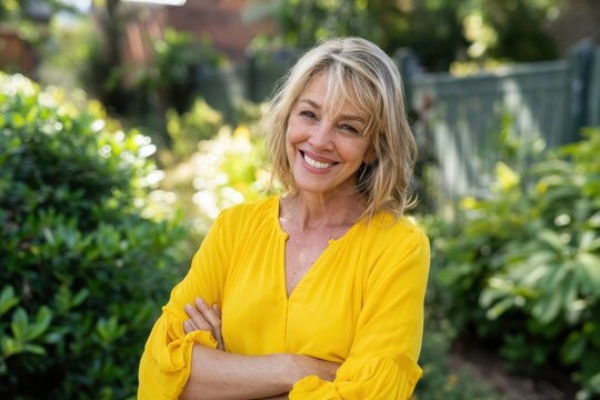 The woman in yellow blouse smiling confidently in sunlit backyard garden