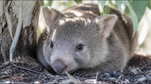 A fluffy wombat rests quietly at the base of a tree with its nose twitching slightly as it enjoys the cool shade and dappled sunlight of the Australian bush during a peaceful afternoon.