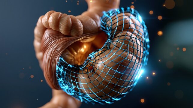 3D render of abdominal hernia anatomy combining photorealistic solid tissue with glowing blue wireframe mesh overlay, hybrid visualization style showing muscle wall structure
