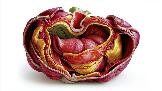 Medical illustration in the style of Frank H. Netter, gouache painting technique, rich saturated anatomy colors deep reds burgundy and warm yellows for tissue layers