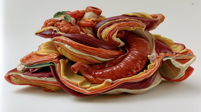 Medical illustration in the style of Frank H. Netter, gouache painting technique, rich saturated anatomy colors deep reds burgundy and warm yellows for tissue layers