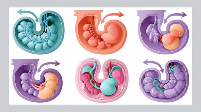Medical infographic illustration comparing four types of hernias inguinal, umbilical, hiatal and incisional side by side on a white background, each type shown as a minimal cross-section diagram 