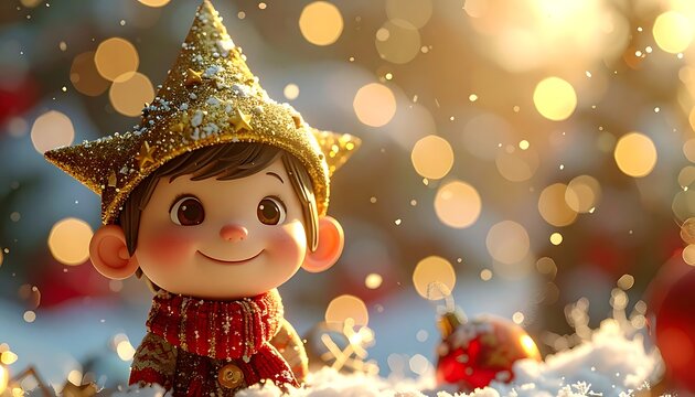 A cheerful cartoon elf in a snowy scene with bokeh lights