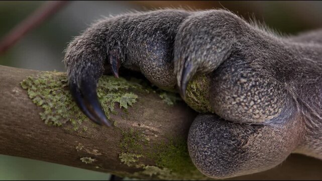 A detailed macro video shows the textured paw of a koala with sharp black claws as it firmly grips a mossy tree branch, highlighting the unique anatomy and climbing adaptations of the marsupial.