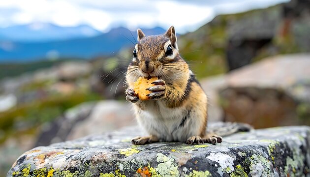 A chipmunk eating on a rocky outcrop with mountains