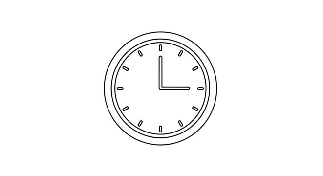 A simple black and white line art illustration of a round analog clock face with hands pointing to three o'clock on a white background.