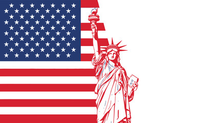Naklejka premium Statue of liberty illustration with american flag background featuring patriotic red and blue graphic design elements for national events