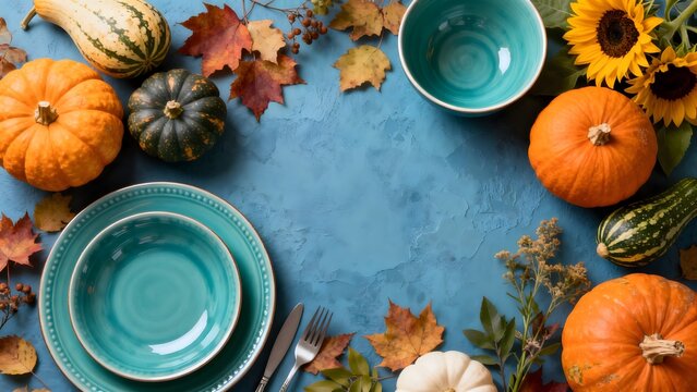 Autumn table setting with pumpkins and leaves