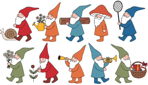 A set of 10 whimsical cartoon garden gnomes, each wearing a pointed hat and long coat in various colors (red, orange, blue, green). Each gnome is doing something different carrying a log.