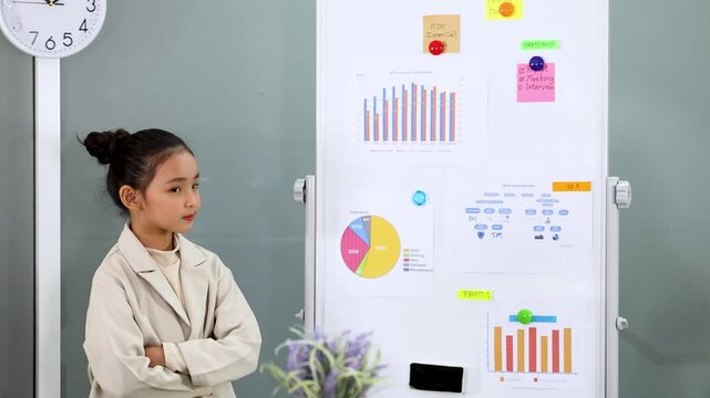 Young Asian Girl in Beige Blazer Giving Business Presentation with Whiteboard