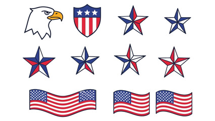 Obraz premium Patriotic american symbols set eagle stars shields and flags on white background