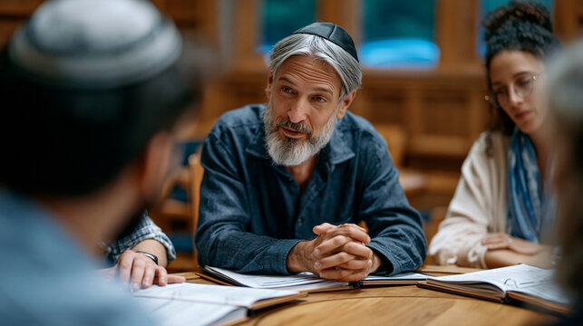 Diverse circle of seminary students, imams, rabbis, and lay leaders gather around a round table in a university workshop room, annotating interfaith curriculum binders together during a World Popula