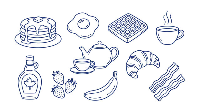 Set of hand drawn breakfast food icons featuring pancakes waffles bacon eggs and beverages in a minimalist linear style for menu design