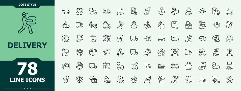 Delivery icon collection. Logistic icon set. Pictograms of logistic, deliver, shipping, parcel, courier, transport, distribution and more. Editable stroke. Vector collection.