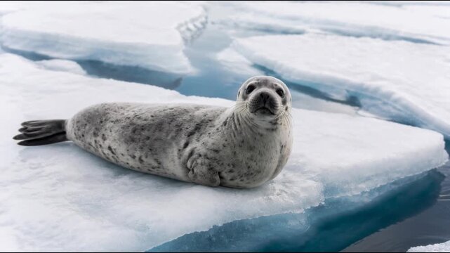 A spotted seal rests peacefully on a drifting ice floe with its whiskers twitching, capturing a serene moment in the cold arctic waters as the ice platform floats through the polar landscape.