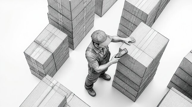 High angle view of a warehouse worker scanning stacks of cardboard boxes featuring cross hatched ink lines and stylized cgi rendering for an industrial logistics concept on a clean white background.